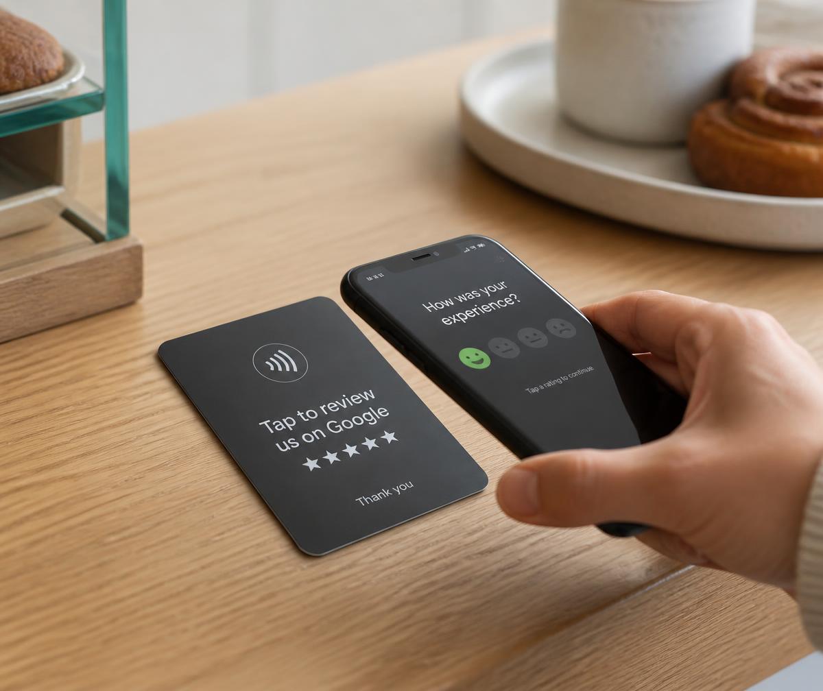 A customer tapping a phone on a LumoNFC Google review card on a café counter